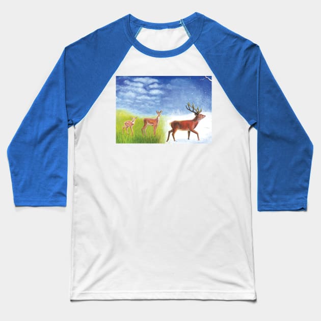 The Red Deer Lives Through the Seasons Illustration Baseball T-Shirt by Julia Doria Illustration